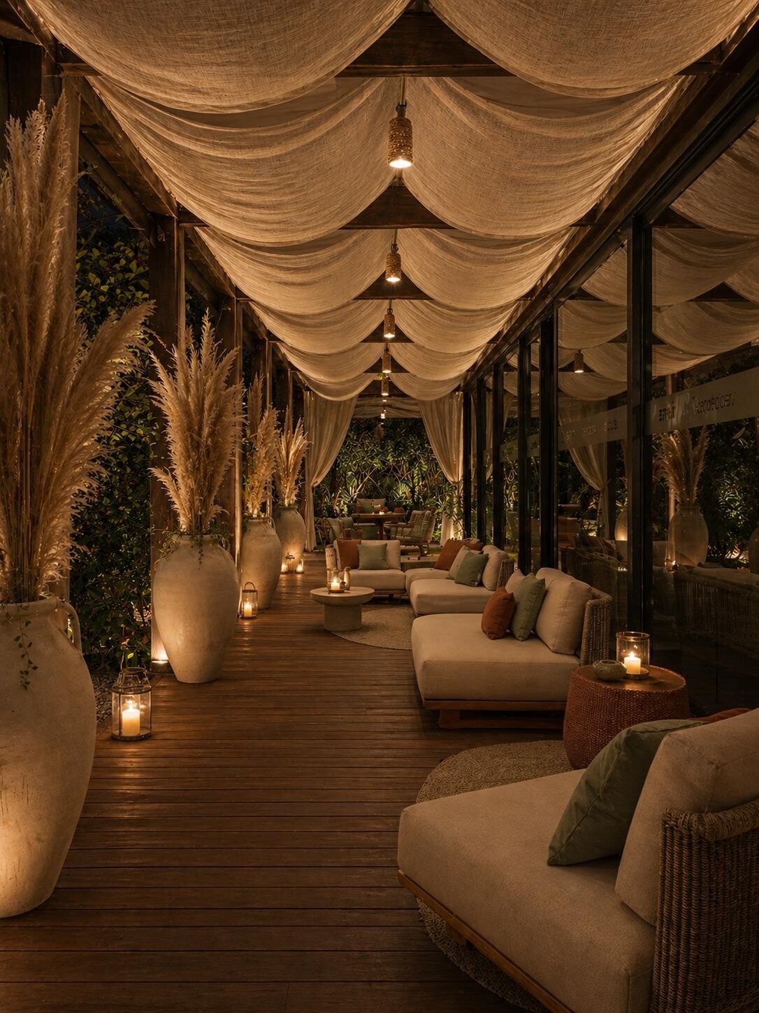 Il lounge esterno alla sera, illuminato da candele