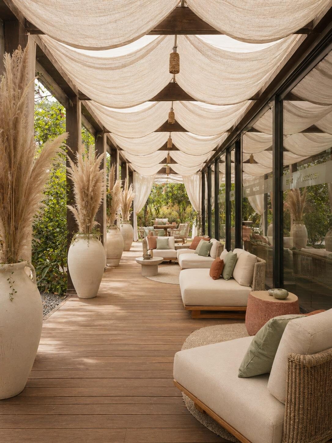 Il lounge esterno con tende in lino