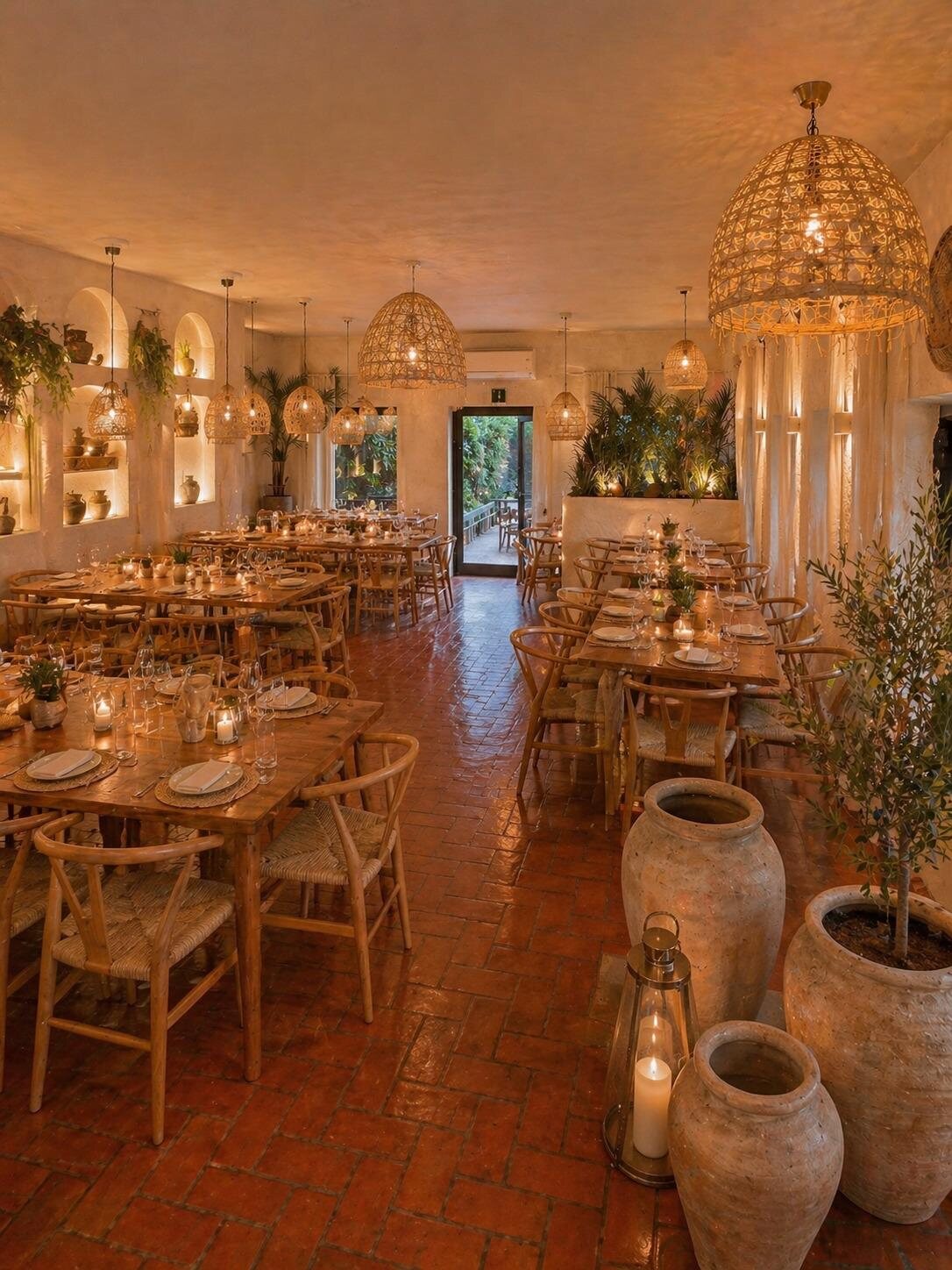 La sala del ristorante con travi in legno, cotto e lampade in rattan